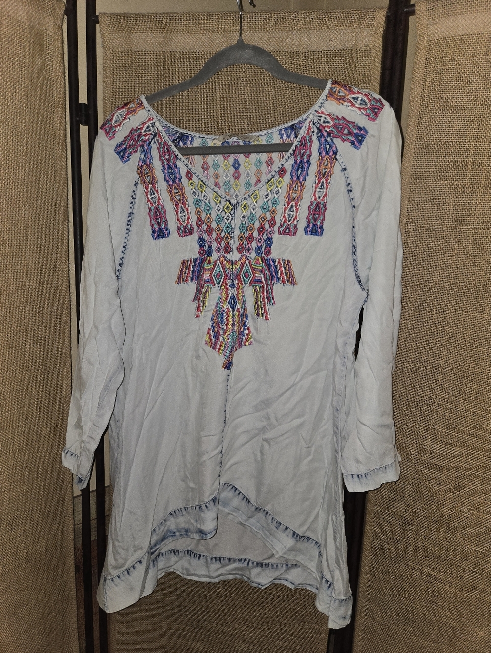 Soft Surroundings Embroidered Boho Tunic Top - Light Blue with Multicolor Detail